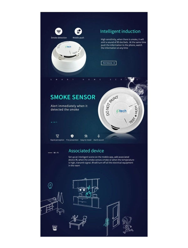 IFITech · Smart WiFi Control · Voice Control · Battery Powered · Smoke Detector