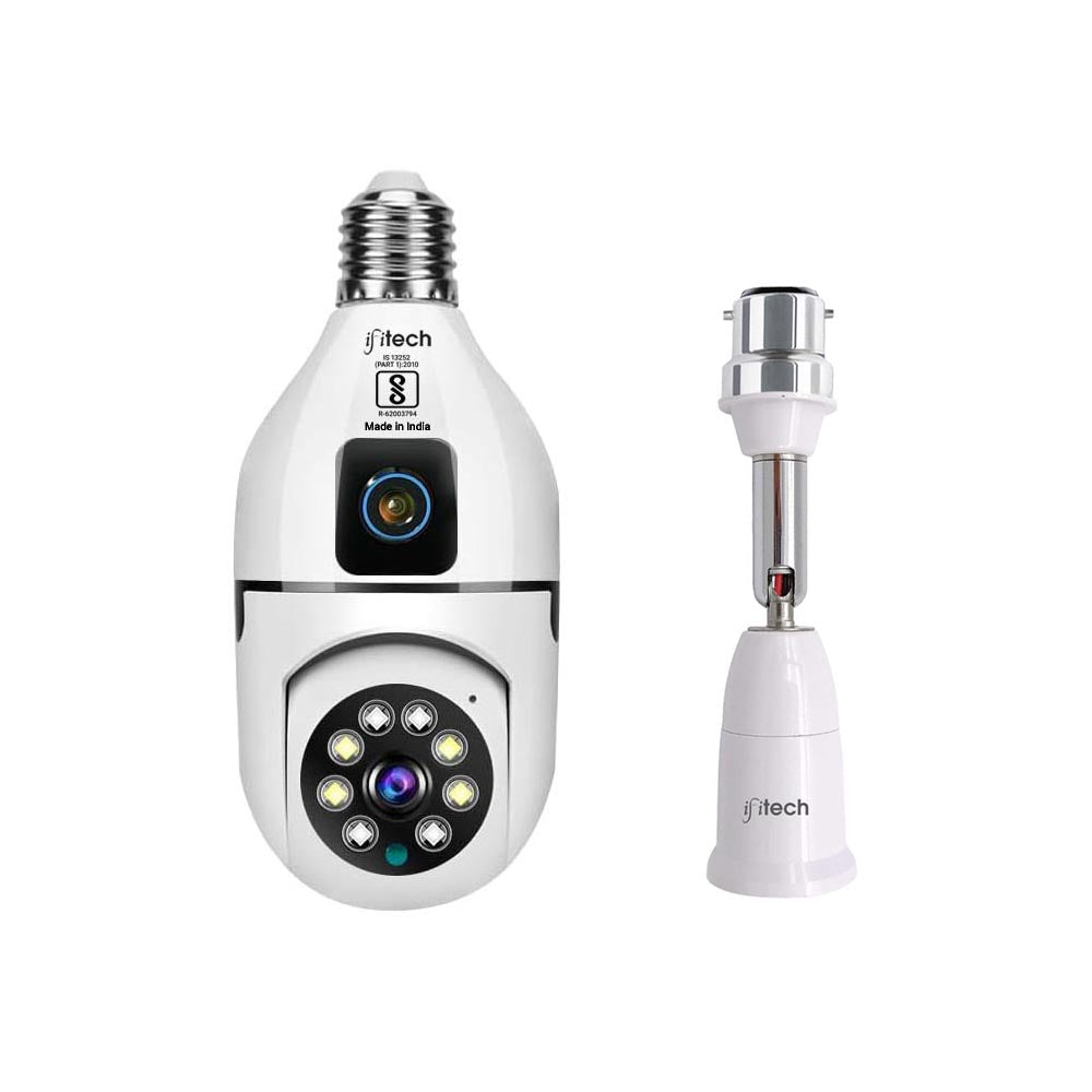 IFITech dual lens smart home security WiFi camera with a white and silver exterior, one lens facing upwards and the other facing sideways.