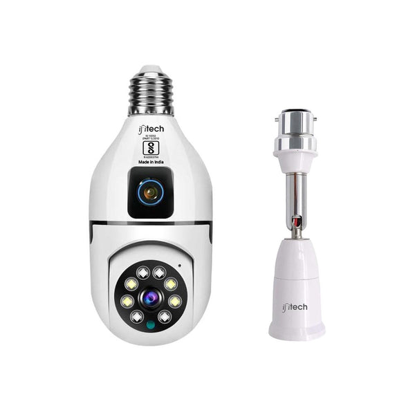 IFITech dual lens smart home security WiFi camera with a white and silver exterior, one lens facing upwards and the other facing sideways.