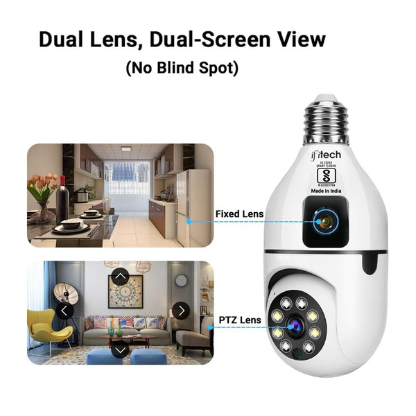 IFITech 4MP Dual Lens Smart WiFi Camera with 2MP per lens, Pan-Tilt-Zoom functionality, and 90° wide-angle for indoor surveillance.
Supports motion detection alerts, two-way audio, SD card recording up to 128GB, and remote live viewing via mobile app.
Easy installation with bulb holder extender, enhanced color night vision, and flexible dual-lens monitoring for home or office security.