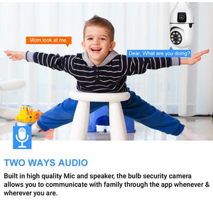 IFITech 4MP Dual Lens Smart WiFi Camera with 2MP per lens, Pan-Tilt-Zoom functionality, and 90° wide-angle for indoor surveillance.
Supports motion detection alerts, two-way audio, SD card recording up to 128GB, and remote live viewing via mobile app.
Easy installation with bulb holder extender, enhanced color night vision, and flexible dual-lens monitoring for home or office security.