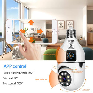 IFITech 4MP Dual Lens Smart WiFi Camera with 2MP per lens, Pan-Tilt-Zoom functionality, and 90° wide-angle for indoor surveillance.
Supports motion detection alerts, two-way audio, SD card recording up to 128GB, and remote live viewing via mobile app.
Easy installation with bulb holder extender, enhanced color night vision, and flexible dual-lens monitoring for home or office security.