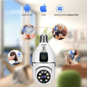 IFITech 4MP Dual Lens Smart WiFi Camera with 2MP per lens, Pan-Tilt-Zoom functionality, and 90° wide-angle for indoor surveillance.
Supports motion detection alerts, two-way audio, SD card recording up to 128GB, and remote live viewing via mobile app.
Easy installation with bulb holder extender, enhanced color night vision, and flexible dual-lens monitoring for home or office security.