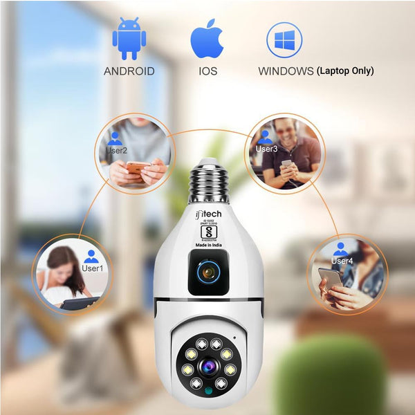 IFITech 4MP Dual Lens Smart WiFi Camera with 2MP per lens, Pan-Tilt-Zoom functionality, and 90° wide-angle for indoor surveillance.
Supports motion detection alerts, two-way audio, SD card recording up to 128GB, and remote live viewing via mobile app.
Easy installation with bulb holder extender, enhanced color night vision, and flexible dual-lens monitoring for home or office security.