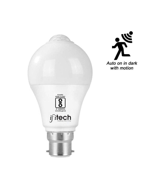 IFITech IFIMSL Motion Sensor LED Bulb, white, with a label indicating it turns on in dark and motion detection capability.