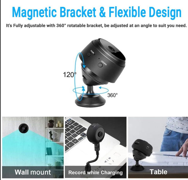 Eye4Spy 720P Mini Home Security Camera with WiFi connectivity for remote live viewing and motion detection alerts.
Supports continuous and motion-based recording, 100° wide-angle lens, low-light vision, and SD card storage up to 128GB.
Compact, magnetic, and flexible design ideal for home, office, and personal security monitoring.