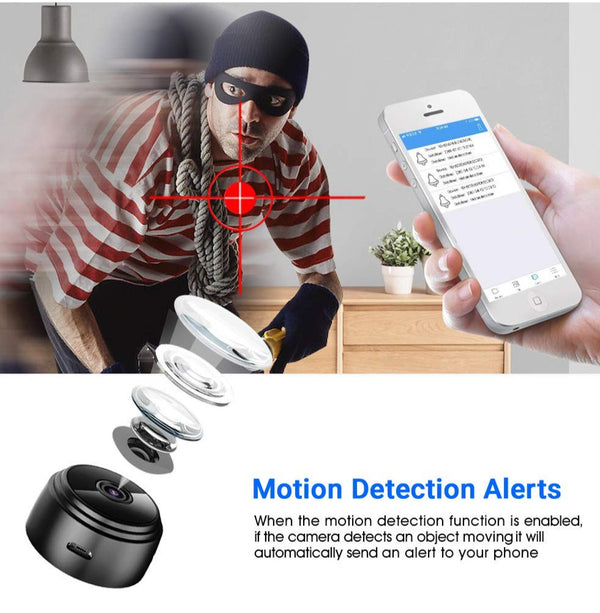 Eye4Spy 720P Mini Home Security Camera with WiFi connectivity for remote live viewing and motion detection alerts.
Supports continuous and motion-based recording, 100° wide-angle lens, low-light vision, and SD card storage up to 128GB.
Compact, magnetic, and flexible design ideal for home, office, and personal security monitoring.