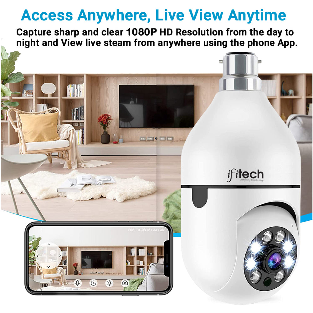 IFITech 1080P HD WiFi Bulb Camera with 2MP resolution, 360° rotation, and color night vision for indoor surveillance.
Supports motion detection alerts, two-way communication, and SD card recording up to 256GB.
Easy installation in standard B22 bulb holders, ideal for home or office security monitoring.