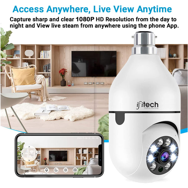 IFITech 1080P HD WiFi Bulb Camera with 2MP resolution, 360° rotation, and color night vision for indoor surveillance.
Supports motion detection alerts, two-way communication, and SD card recording up to 256GB.
Easy installation in standard B22 bulb holders, ideal for home or office security monitoring.