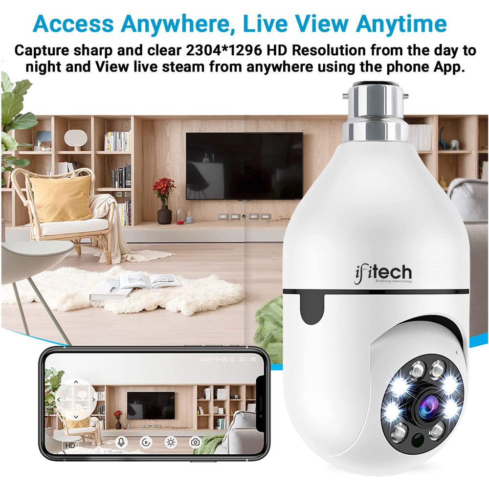 IFITech 3MP Full HD Wi-Fi Pan/Tilt Bulb Camera - V380 App