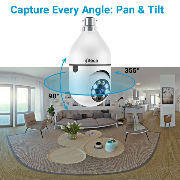 IFITech 1080P HD WiFi Bulb Camera with 2MP resolution, 360° rotation, and color night vision for indoor surveillance.
Supports motion detection alerts, two-way communication, and SD card recording up to 256GB.
Easy installation in standard B22 bulb holders, ideal for home or office security monitoring.