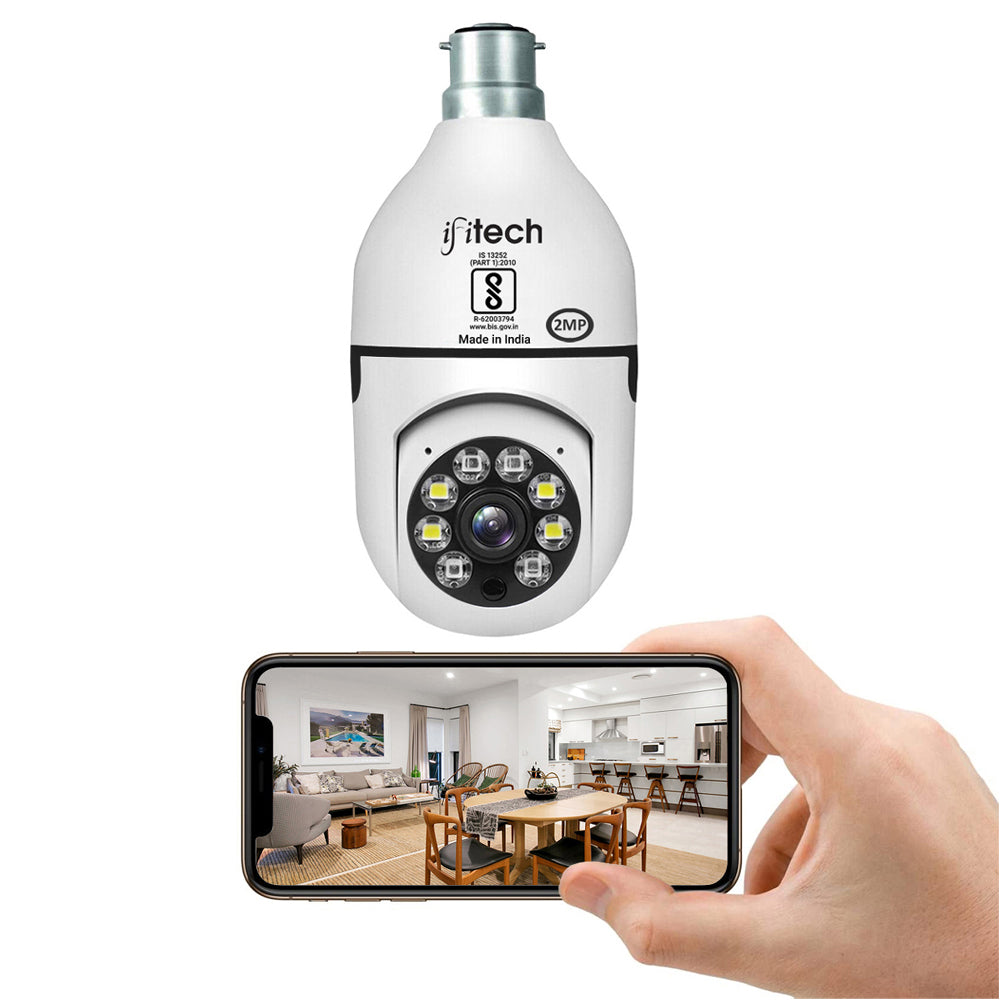 IFITech 1080P HD WiFi Bulb Camera with 2MP resolution, 360° rotation, and color night vision for indoor surveillance.
Supports motion detection alerts, two-way communication, and SD card recording up to 256GB.
Easy installation in standard B22 bulb holders, ideal for home or office security monitoring.