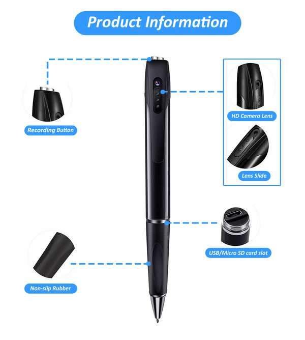 Eye4Spy 1080P HD Pen Camera – discreet hidden spy pen with built-in HD camera, loop recording, portable design, supports up to 128GB micro SD card, rechargeable battery, ideal for meetings, lectures, interviews, and personal security.