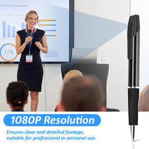 Eye4Spy 1080P HD Pen Camera – discreet hidden spy pen with built-in HD camera, loop recording, portable design, supports up to 128GB micro SD card, rechargeable battery, ideal for meetings, lectures, interviews, and personal security.