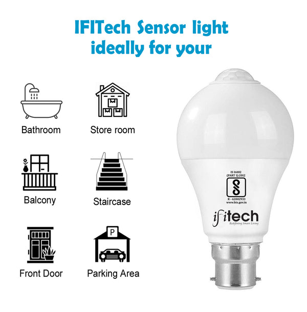 IFITech Smart motion sensor LED bulb for automatic lighting in corridors, bathrooms, and balconies.
