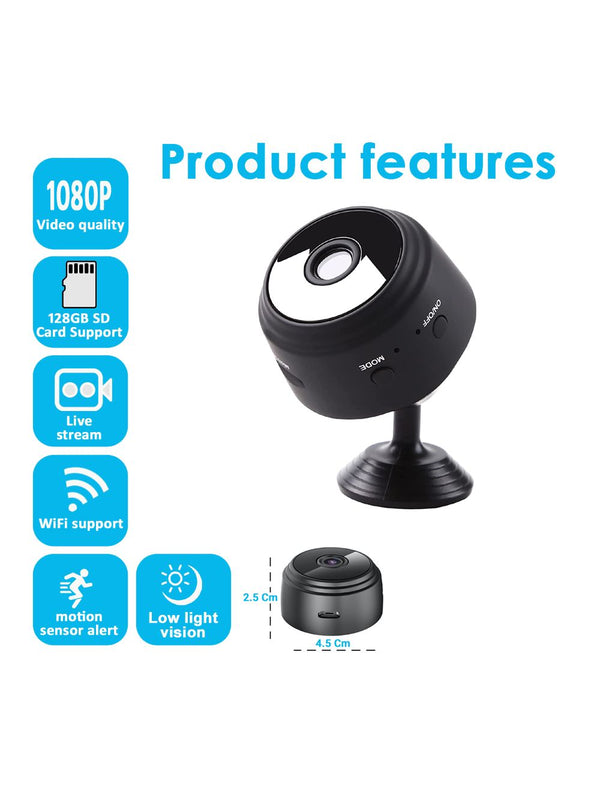 Eye4Spy 1080P Mini Home Security Camera with WiFi connectivity for live remote viewing and motion detection alerts.
Supports continuous and motion-based recording, 100° wide-angle lens, low-light night vision, and SD card storage up to 128GB.
Compact, magnetic, and flexible design ideal for home, office, and personal security monitoring.