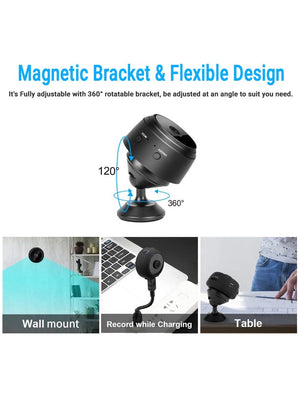 Eye4Spy 1080P Mini Home Security Camera with WiFi connectivity for live remote viewing and motion detection alerts.
Supports continuous and motion-based recording, 100° wide-angle lens, low-light night vision, and SD card storage up to 128GB.
Compact, magnetic, and flexible design ideal for home, office, and personal security monitoring.