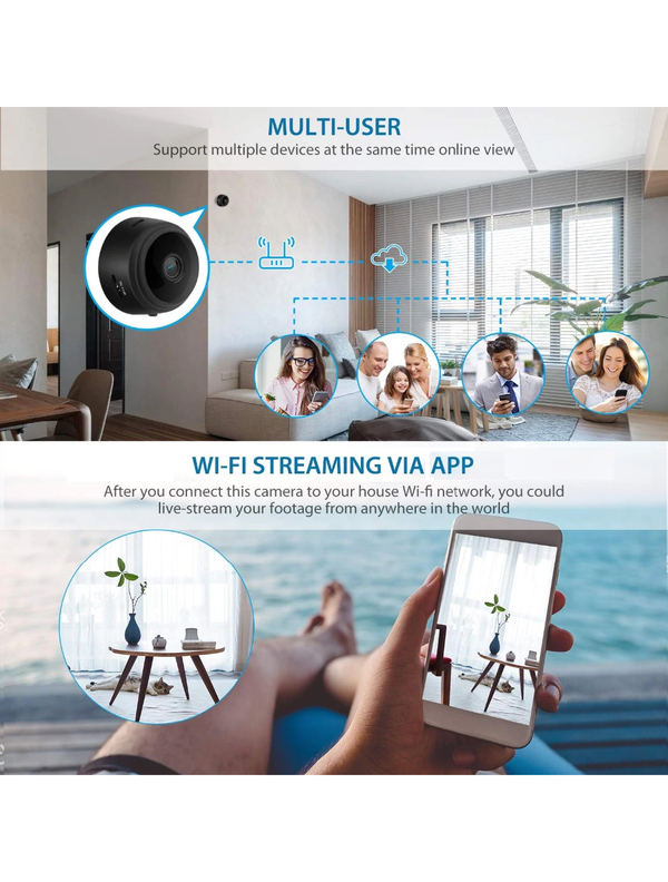 Eye4Spy 1080P Mini Home Security Camera with WiFi connectivity for live remote viewing and motion detection alerts.
Supports continuous and motion-based recording, 100° wide-angle lens, low-light night vision, and SD card storage up to 128GB.
Compact, magnetic, and flexible design ideal for home, office, and personal security monitoring.