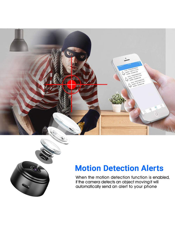 Eye4Spy 1080P Mini Home Security Camera with WiFi connectivity for live remote viewing and motion detection alerts.
Supports continuous and motion-based recording, 100° wide-angle lens, low-light night vision, and SD card storage up to 128GB.
Compact, magnetic, and flexible design ideal for home, office, and personal security monitoring.