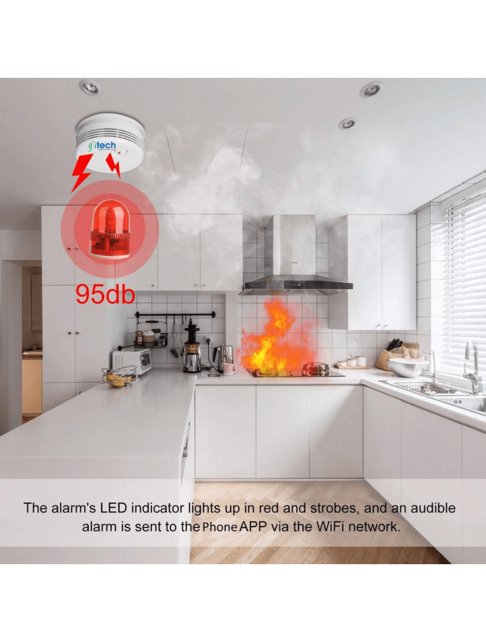 IFITech Smart WiFi Smoke and CO Detector with Mobile App, Alexa & Google Home Compatibility, Battery-Powered - White Round Plastic