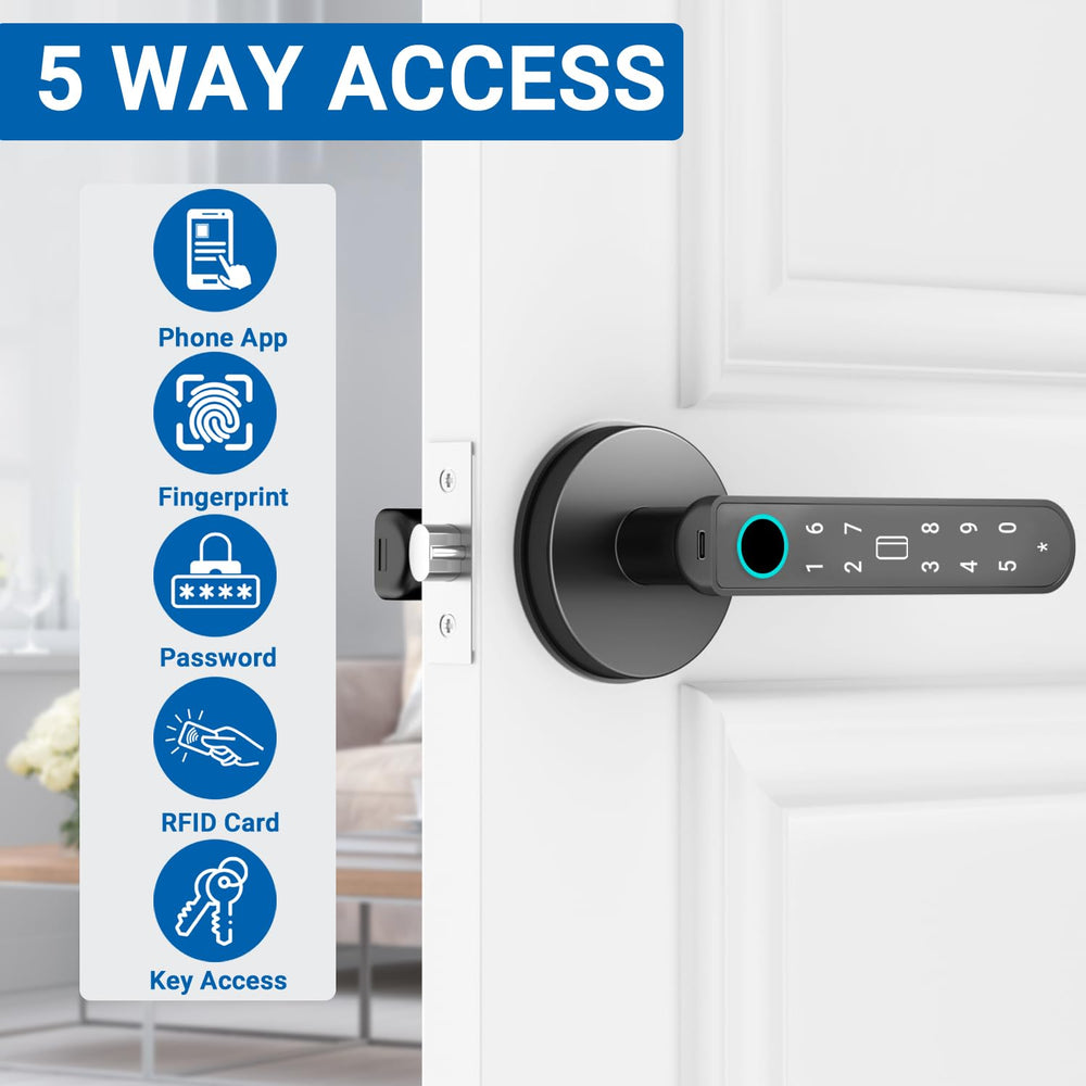IFITech Smart Door Lock | 5 Way Unlock – Fingerprint, Pin, RFID Card, Mobile App (Bluetooth) and Manual Key Access for Wooden Doors | Fingerprint Door Lock (Black)