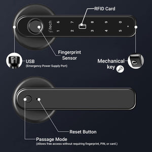 IFITech Smart Door Lock | 5 Way Unlock – Fingerprint, Pin, RFID Card, Mobile App (Bluetooth) and Manual Key Access for Wooden Doors | Fingerprint Door Lock (Black)