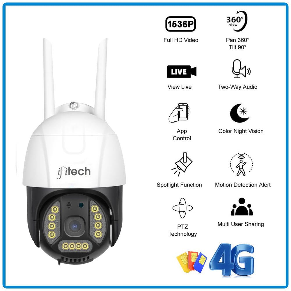 IFITech 4MP Full HD Outdoor CCTV Camera | Smart Home Security Camera SIM Card & Ethernet Connectivity | 360° Coverage