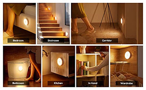Easy 3-second installation of IFITech 8 LED motion sensor light using 3M adhesive tape in various settings including bedroom, staircase, corridor, bathroom, kitchen, in hand, and wardrobe.