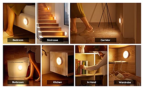 Easy 3-second installation of IFITech 8 LED motion sensor light using 3M adhesive tape in various settings including bedroom, staircase, corridor, bathroom, kitchen, in hand, and wardrobe.