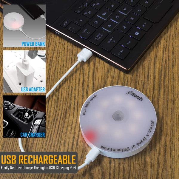 IFITech USB rechargeable device on a wooden surface with text and images of power bank, USB adapter, and car charger.