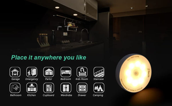 Light bulb with icons and text indicating its versatility in different rooms. Compact IFITech motion sensor night lamp illuminating closet shelves and staircase steps.