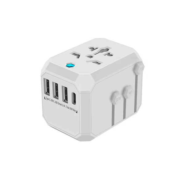 An angled studio shot of the white IFITech Universal Travel Adapter. The adapter has three USB-A ports and one USB-C port on the front face. A blue indicator light is visible above the universal AC outlet on the top. Sliders for the AUS, UK, and EU plugs are visible on the side. Text next to the USB ports indicates "Type C 20W, USB Smart $2.4\text{A}$, Total $20\text{W}$ Max".