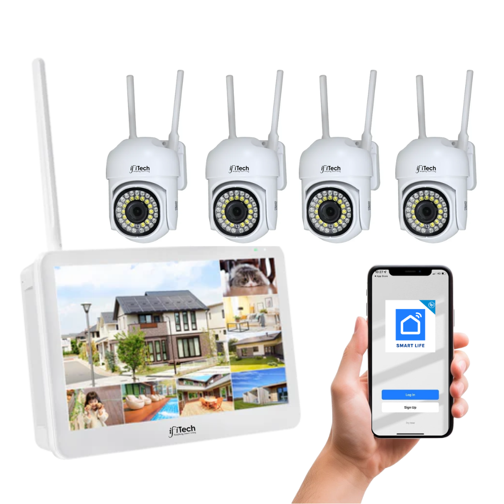 Set of security cameras with a monitor and smartphone displaying home monitoring app on a white background