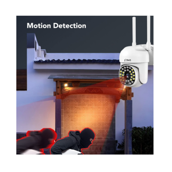 Outdoor security camera with motion detection feature on a building background