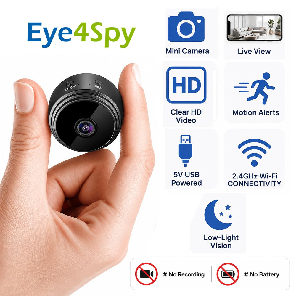 Eye4Spy HD Live View Mini Camera - V380 Pro | Motion Alerts | Low-Light Vision | 5V USB Powered | No Recording | No Battery | Spy Camera for Home & Office Monitoring