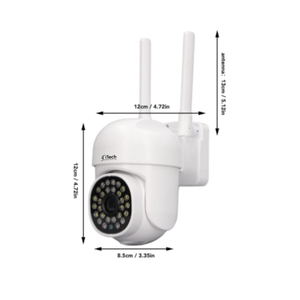 White security camera with antennas and measurement dimensions on a white background