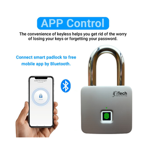 Smart padlock with Bluetooth connectivity and app control feature, featuring ifiTech branding.