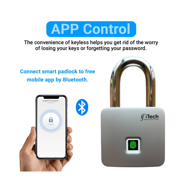 Smart padlock with Bluetooth connectivity and app control feature, featuring ifiTech branding.