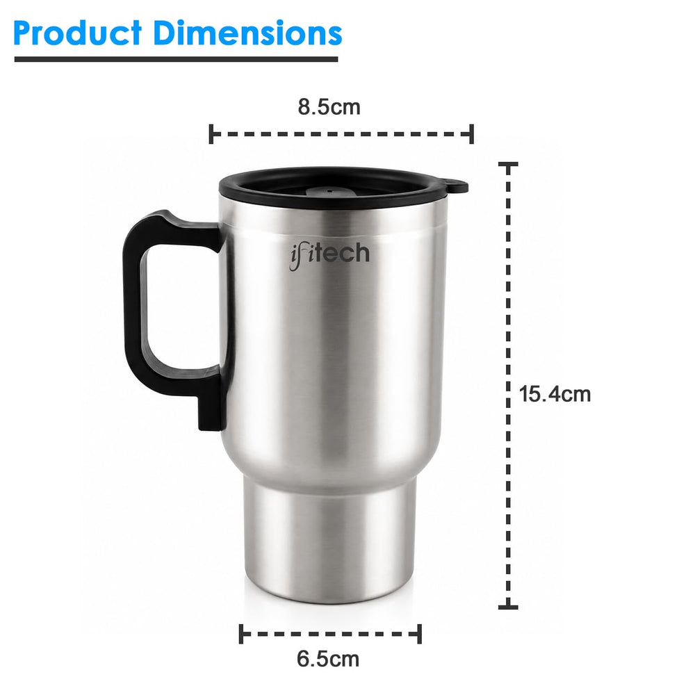 FITech 450ml Electric Tea Coffee Warmer Mug with Lid, Stainless Steel Heated Travel Cup, 12V Portable Beverage Warmer for Car, Home & Office, Keeps Tea, Coffee, Milk & Water Warm up to 60°C