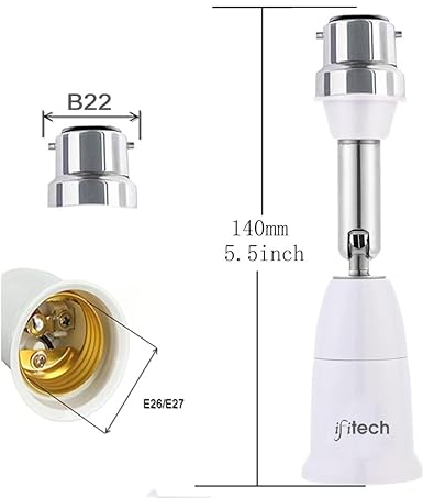 IFITech B22 to E26/E27 Adjustable Flexible Extension Bulb Holder Socket (Pack of 1, 5.5 inch/14cm)