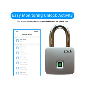 Smart lock with fingerprint sensor and unlocking activity monitoring app on a white background