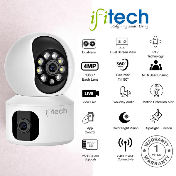 IFITech 360° 4MP Dual Lens CCTV Camera | 2MP Each Lens, Wi-Fi Indoor Home Security Camera | 2 Way Talk | Motion Detection Alert | Color Night Vision | Supports SD Card Up to 256GB (Not Included)