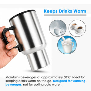 FITech 450ml Electric Tea Coffee Warmer Mug with Lid, Stainless Steel Heated Travel Cup, 12V Portable Beverage Warmer for Car, Home & Office, Keeps Tea, Coffee, Milk & Water Warm up to 60°C