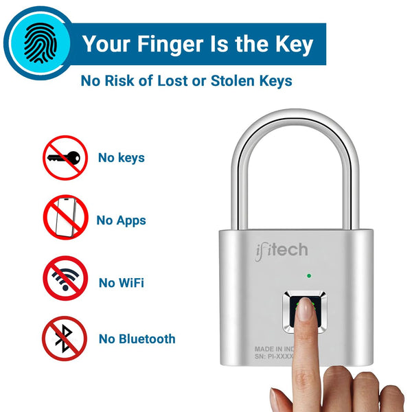 IFITech Smart Fingerprint Padlock, Biometric Keyless Lock with 20 Fingerprint Storage, Rechargeable | Ideal for Personal Spaces and Travel Needs (Small-Silver)