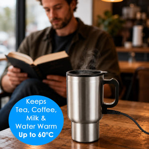 FITech 450ml Electric Tea Coffee Warmer Mug with Lid, Stainless Steel Heated Travel Cup, 12V Portable Beverage Warmer for Car, Home & Office, Keeps Tea, Coffee, Milk & Water Warm up to 60°C