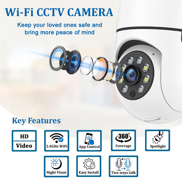 IFITech FTY HD Smart Wi-Fi CCTV Home Security Camera | Indoor 360° Smart CCTV Camera | Bulb Camera | 256GB SD Card Support (Not Included)