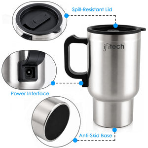 FITech 450ml Electric Tea Coffee Warmer Mug with Lid, Stainless Steel Heated Travel Cup, 12V Portable Beverage Warmer for Car, Home & Office, Keeps Tea, Coffee, Milk & Water Warm up to 60°C