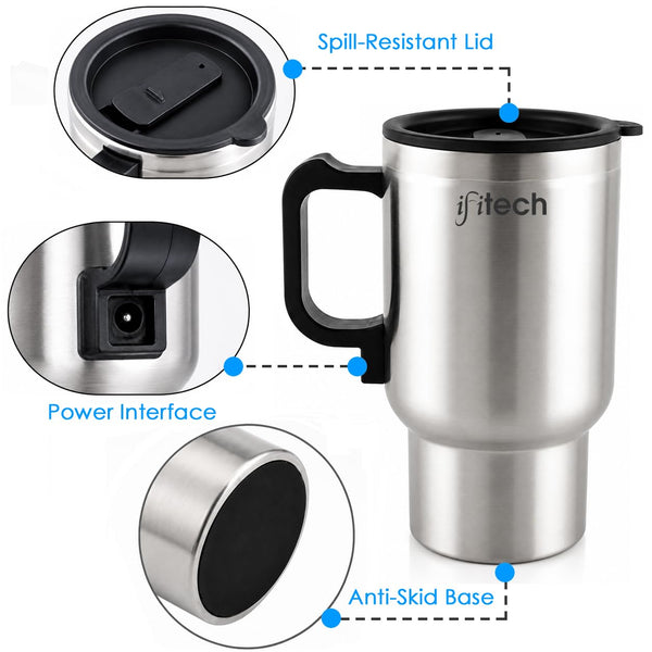 FITech 450ml Electric Tea Coffee Warmer Mug with Lid, Stainless Steel Heated Travel Cup, 12V Portable Beverage Warmer for Car, Home & Office, Keeps Tea, Coffee, Milk & Water Warm up to 60°C