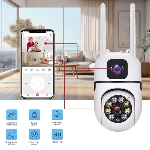 IFITech 4MP Dual Lens Smart Home Security WiFi Camera | External Antenna | 2 Megapixel Each Lens (Fixed & PTZ)