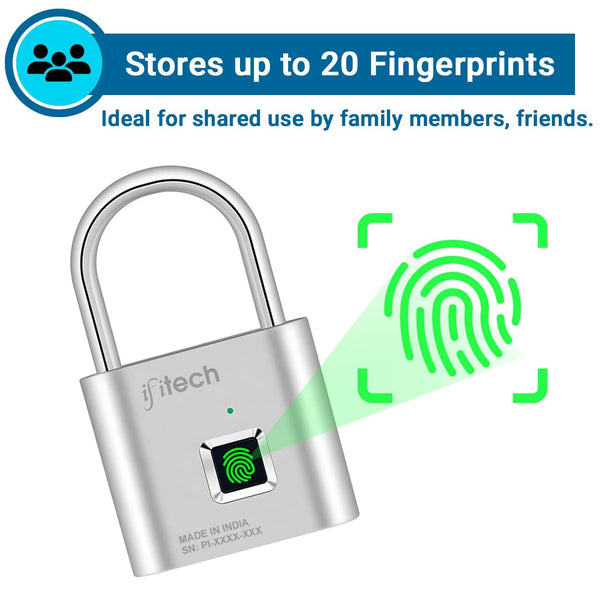 IFITech Smart Fingerprint Padlock, Biometric Keyless Lock with 20 Fingerprint Storage, Rechargeable | Ideal for Personal Spaces and Travel Needs (Small-Silver)